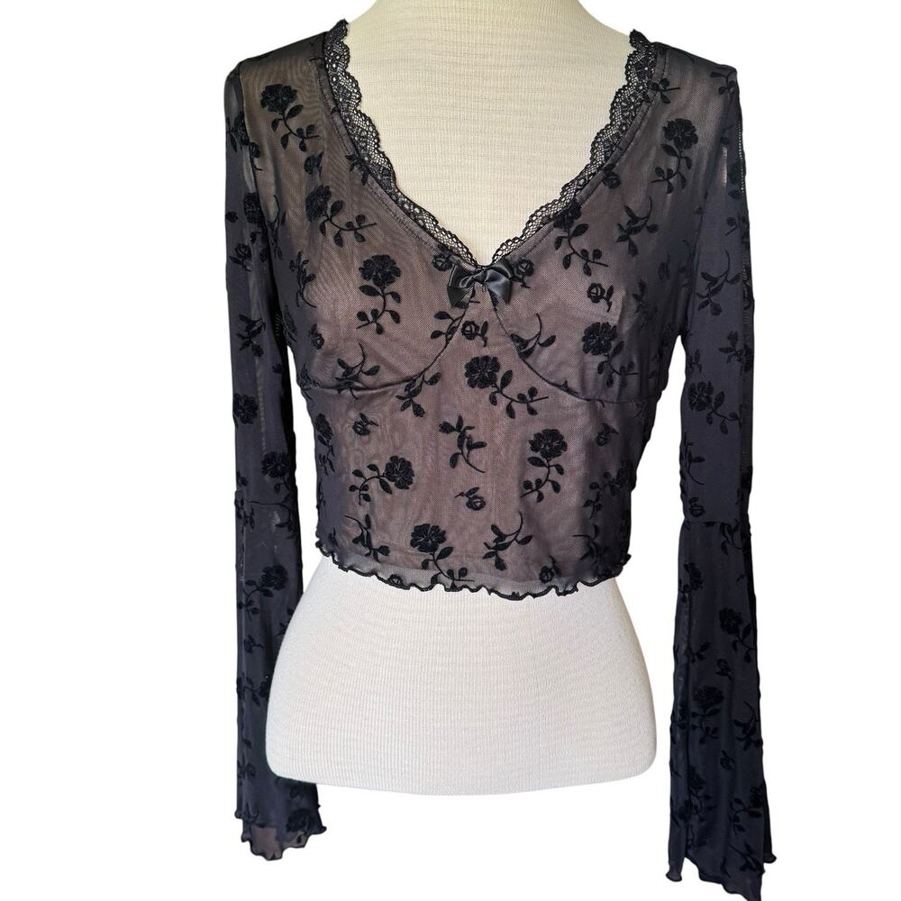 Womens Whimsigoth Mesh Top L Black Floral Sheer Lace Gothic Witchy Romantic